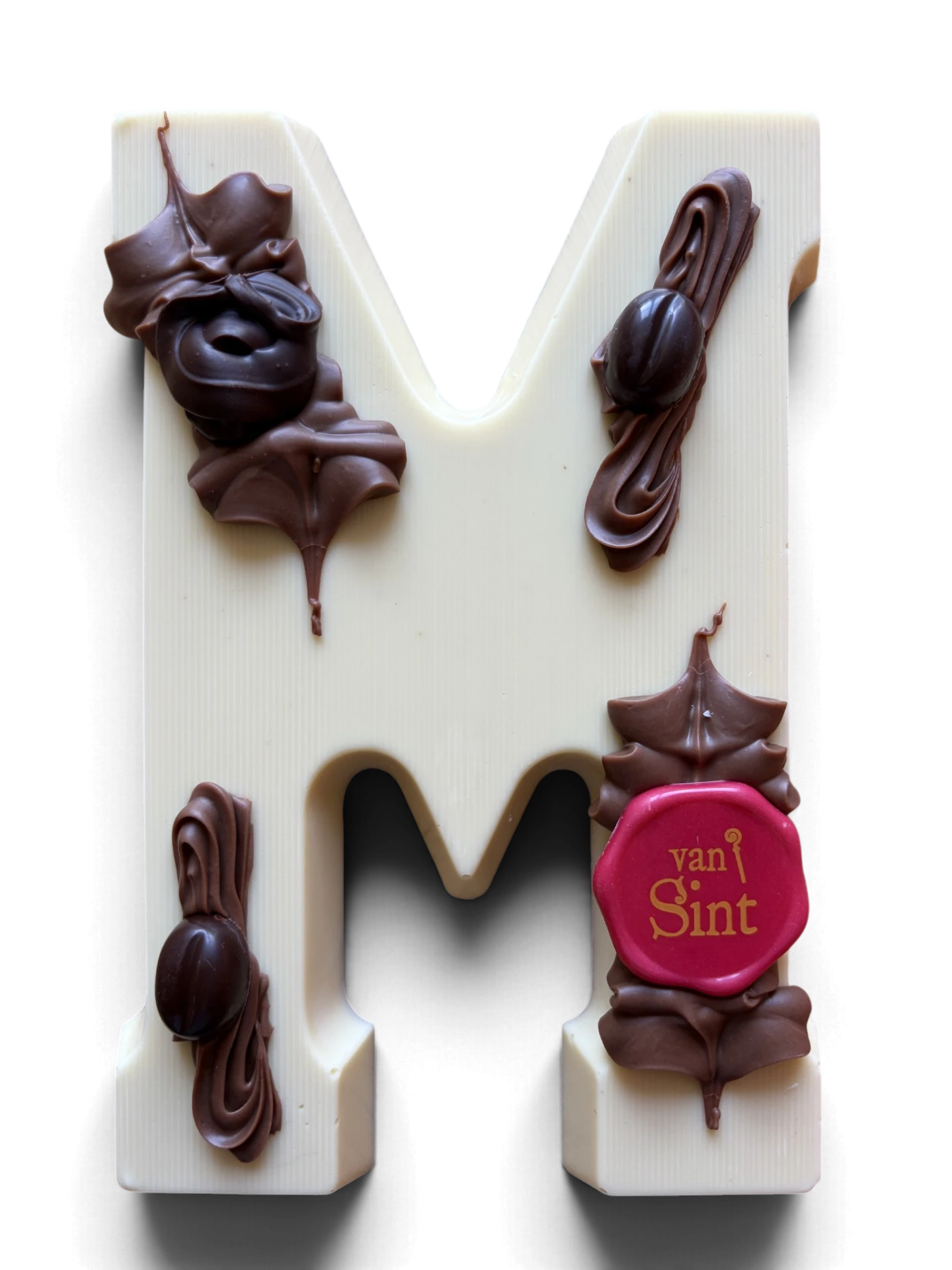 Chocoladeletter M, wit, Van Sint-zegel