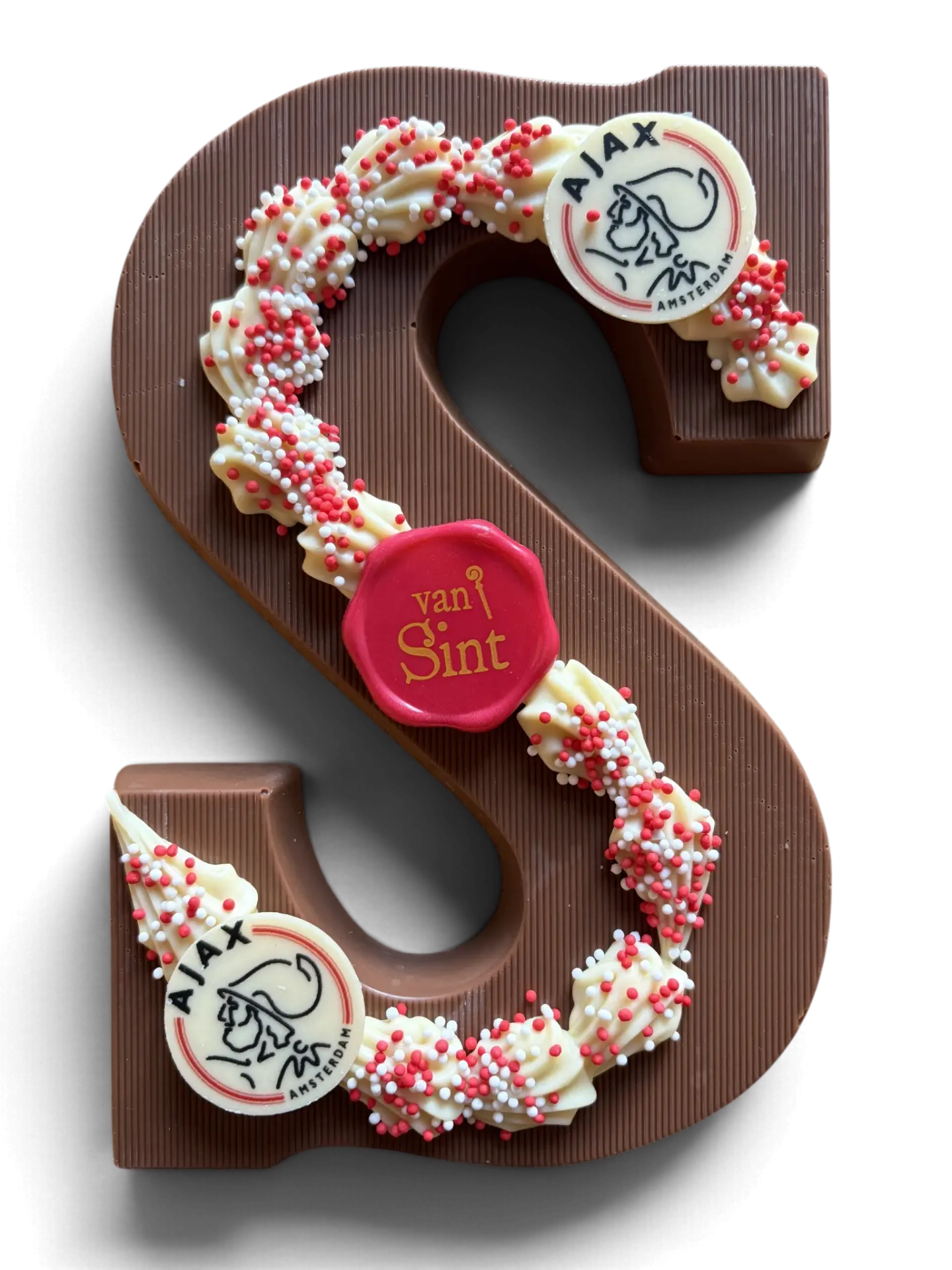 Chocoladeletter S, melk, Clublogo, rood-witte spikkels & zegel