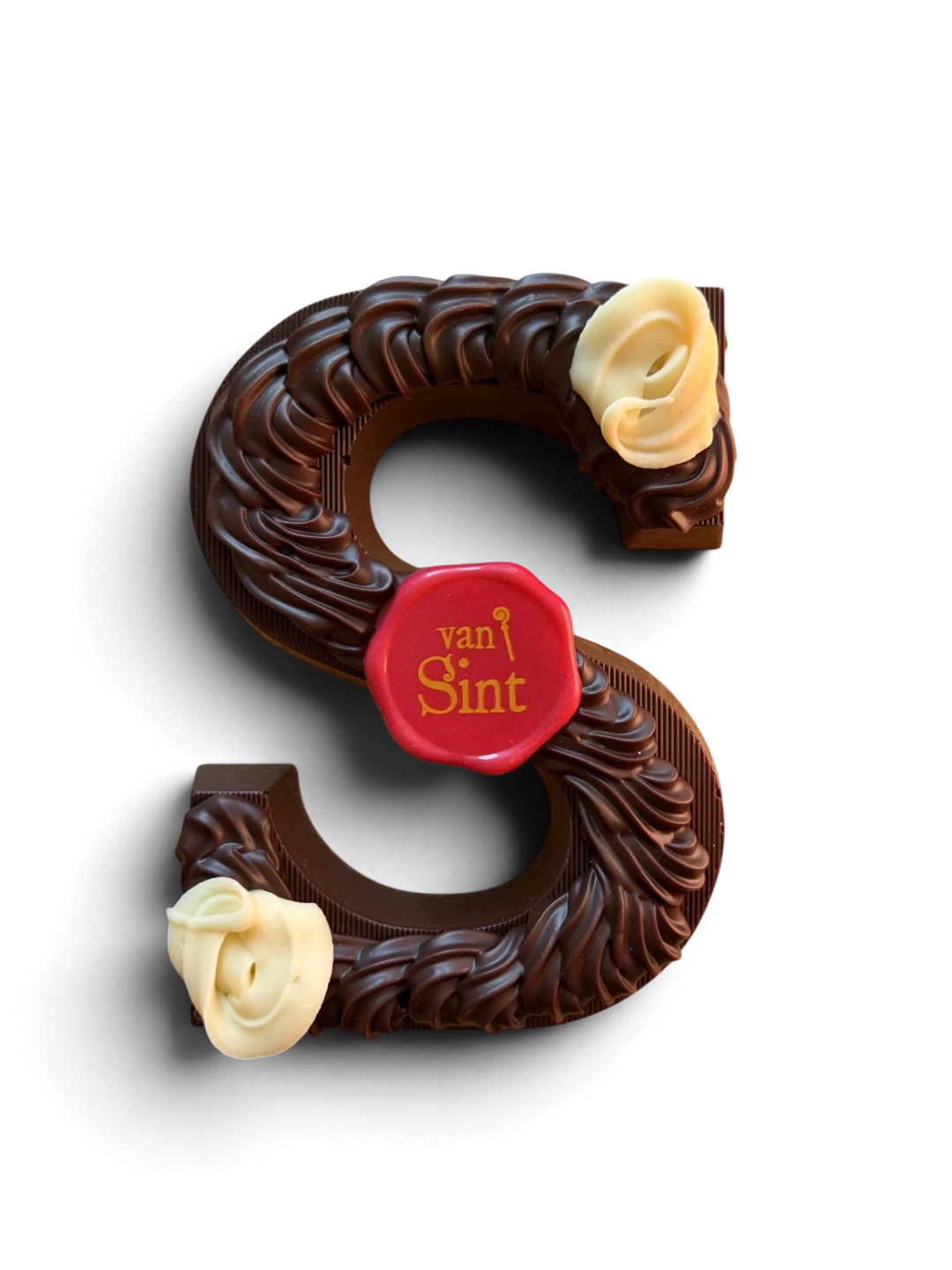 Chocoladeletter S, puur, Pure rozetten, witte roosjes & zegel