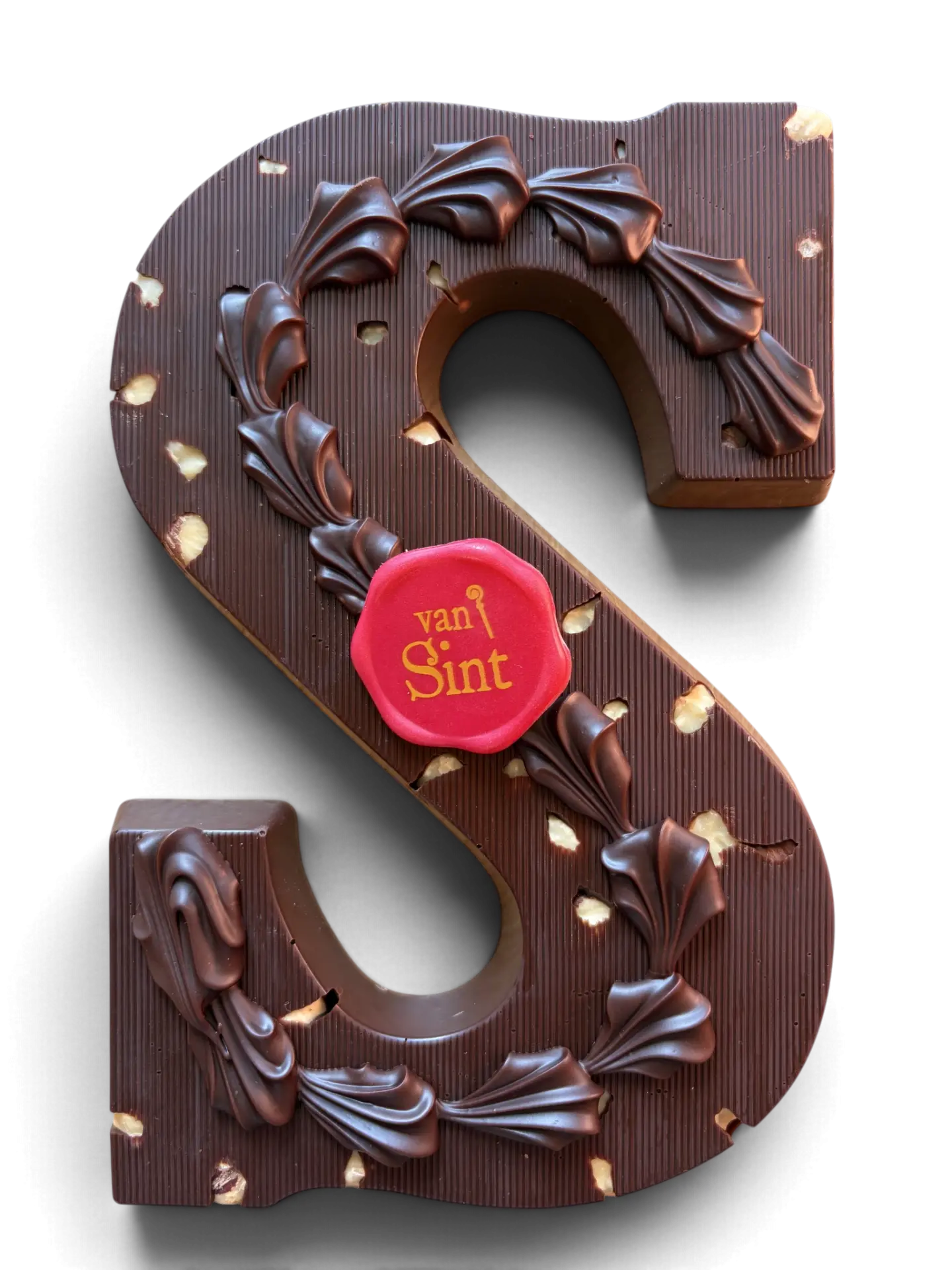 Chocoladeletter S, puur, Hazelnoot, pure rozetten & zegel
