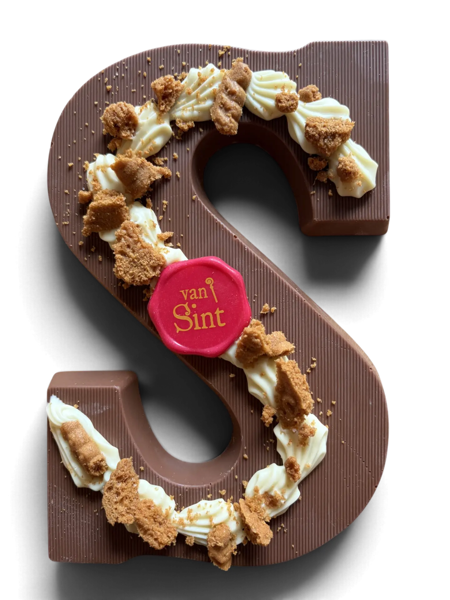 Chocoladeletter S, melk, Witte rozetten, speculaasbrokken & zegel