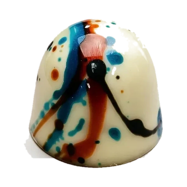 Framboos-karamel: witte ronde bonbon met blauwe en rode chocoladestrepen