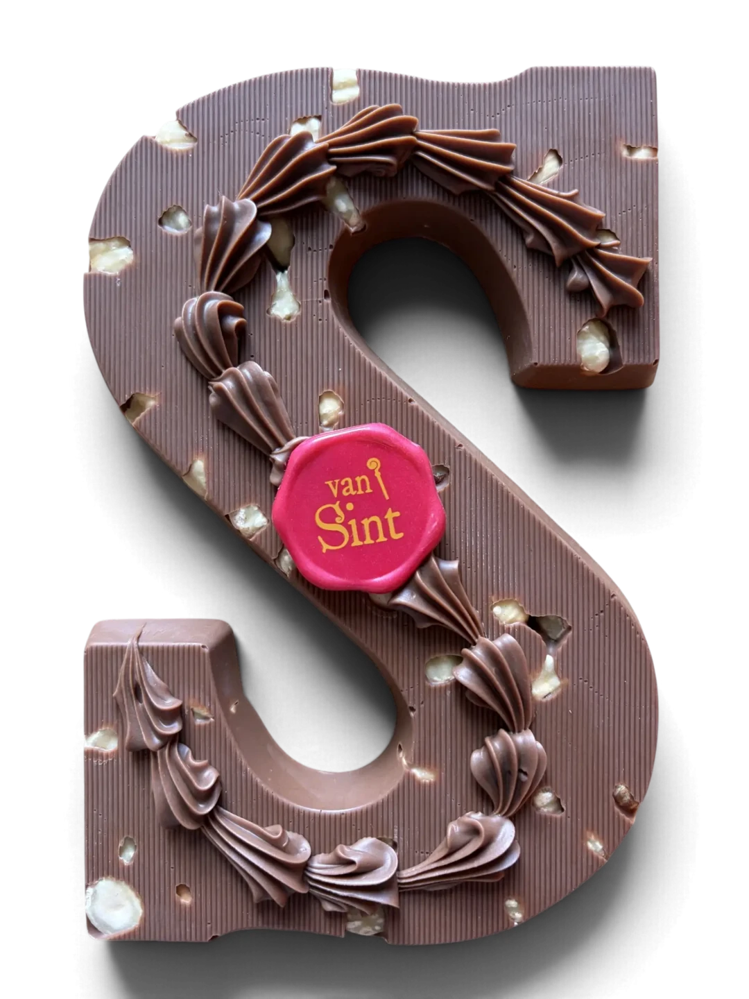 Chocoladeletter S, melk, Hazelnoten, melkrozetten & zegel