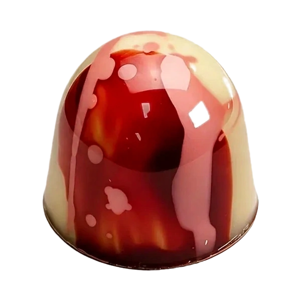 Cheesecake-aardbei: witte ronde bonbon met rode chocoladeslierten