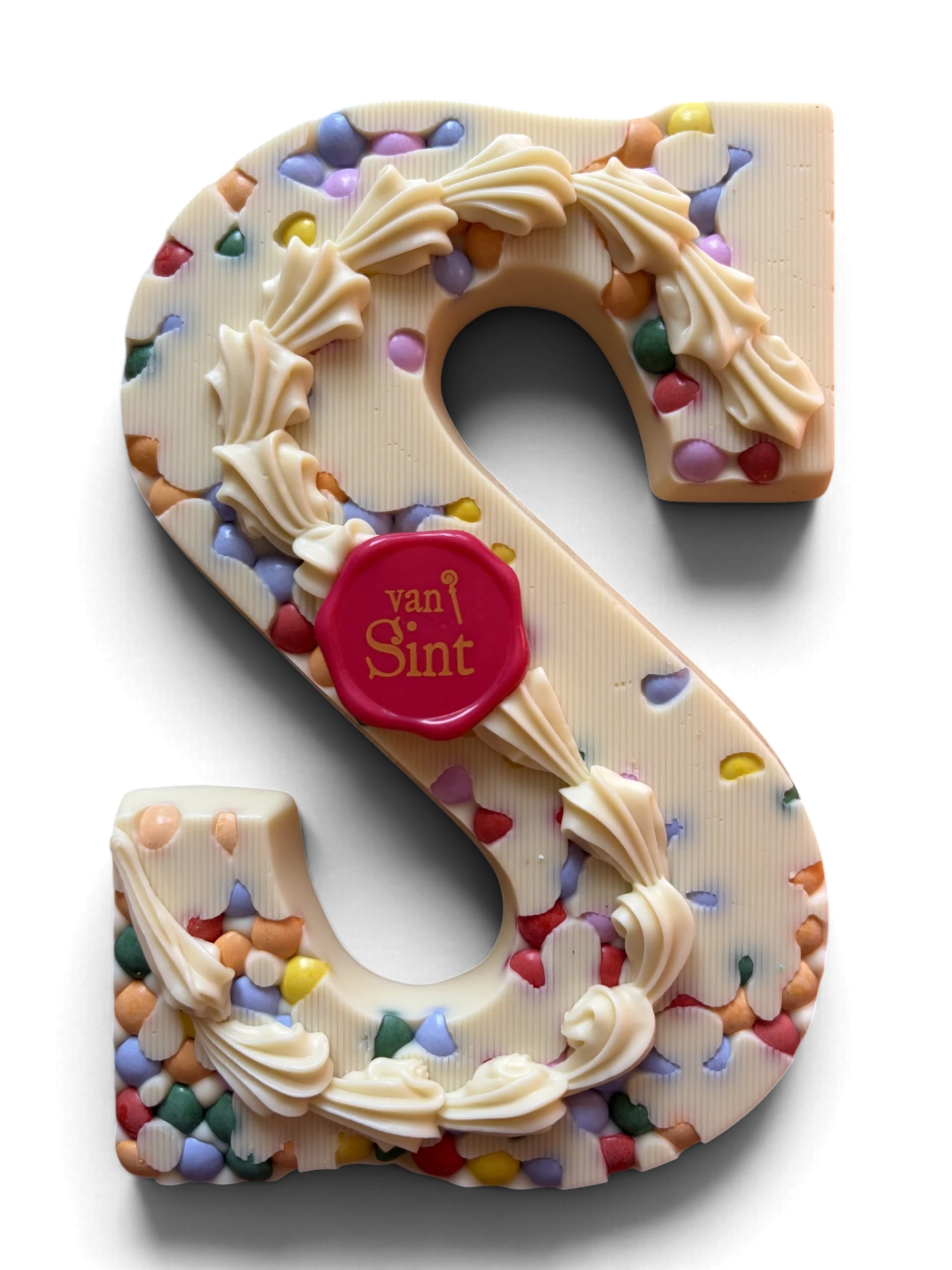 Chocoladeletter S, wit, Confetti, rozetten & zegel