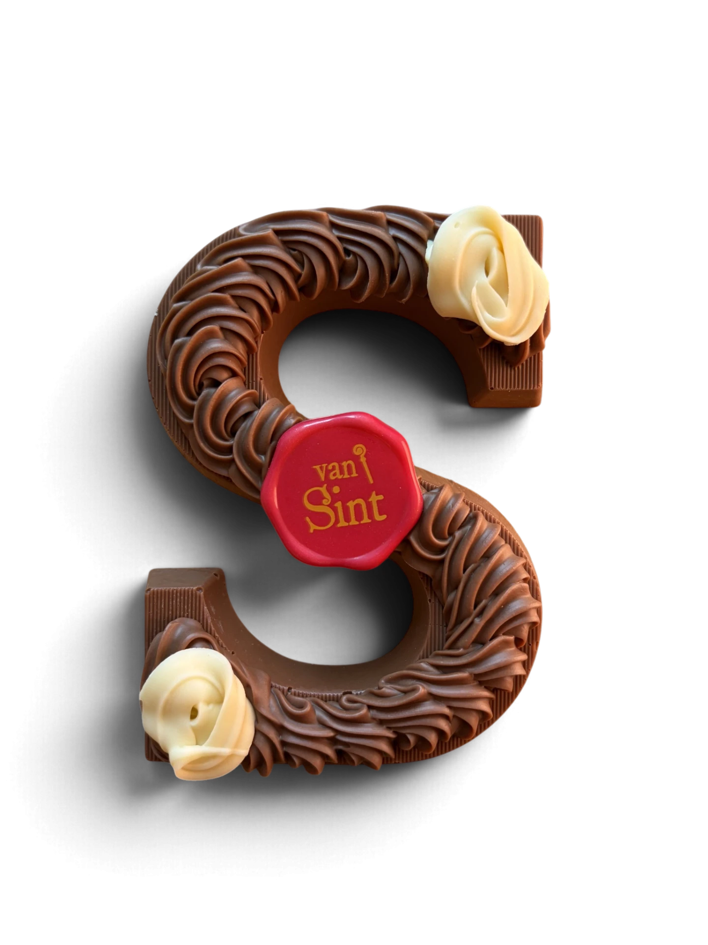 Chocoladeletter S, melk, Melkrozetten, witte roosjes & zegel