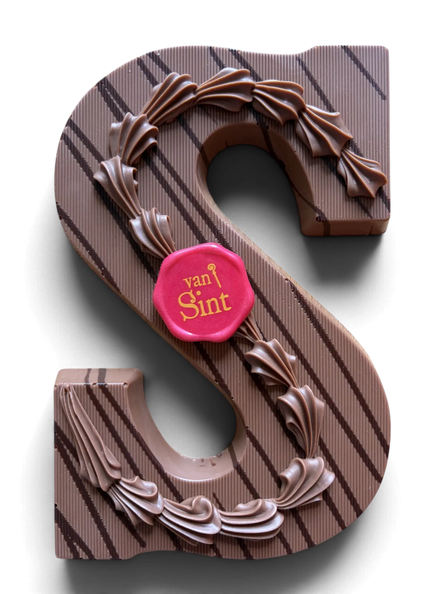 Chocoladeletter S, melk, Pure strepen, rozetten & zegel