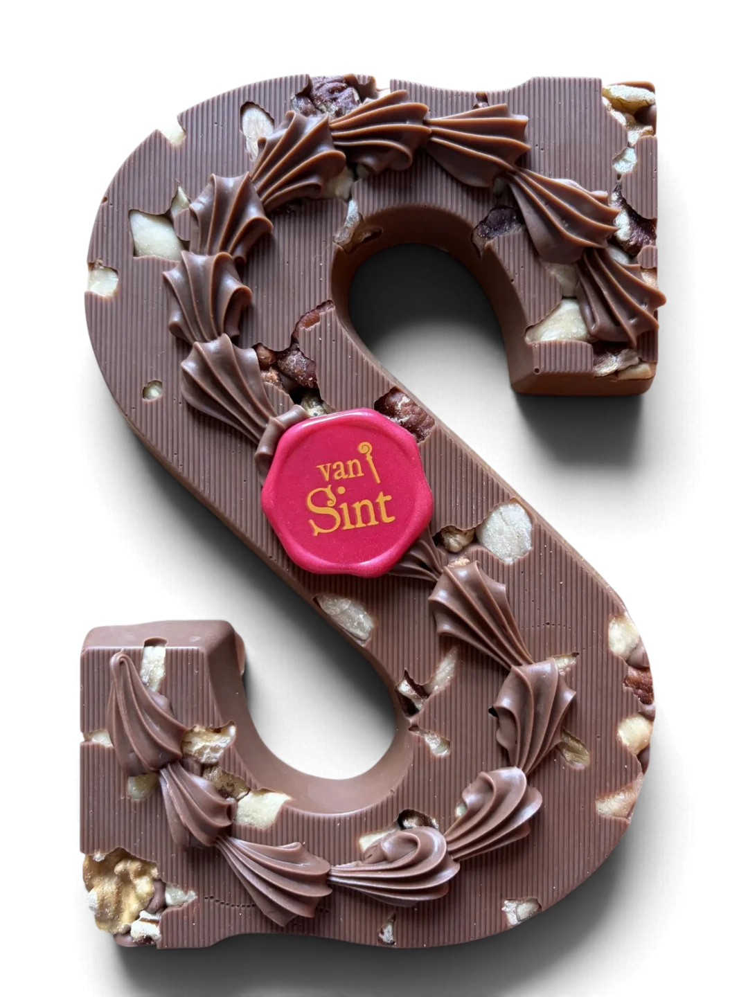 Chocoladeletter S, melk, Gemengde noten, melkrozetten & zegel