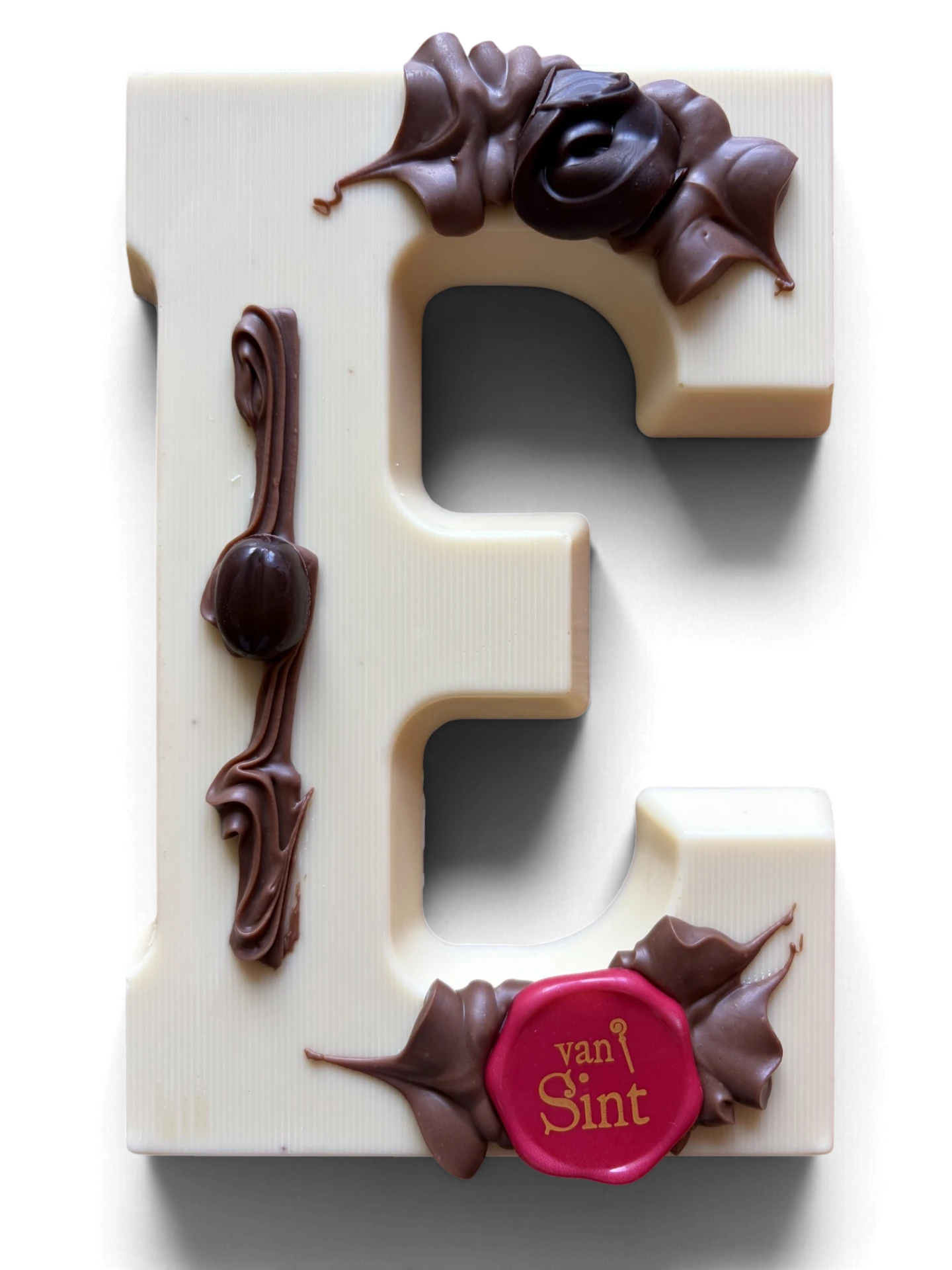 Chocoladeletter E, wit, Van Sint-zegel