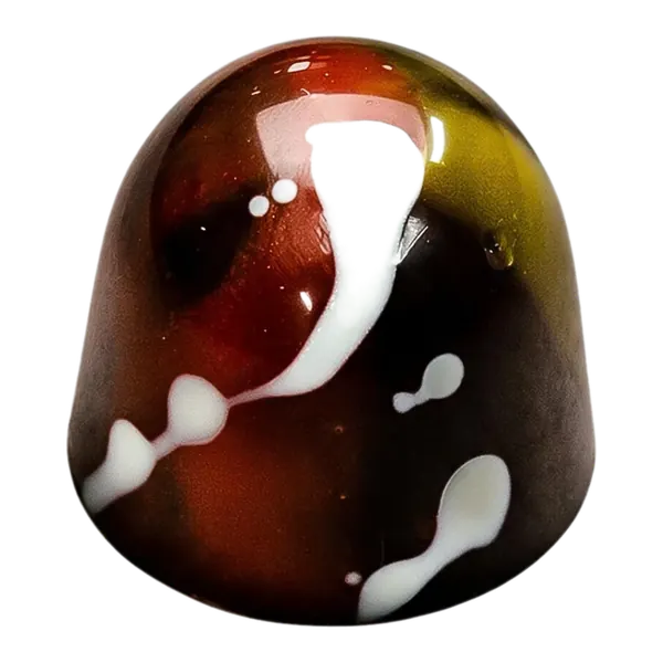 Sinaasappel: glanzende bruine bonbon met witte chocoladespetters