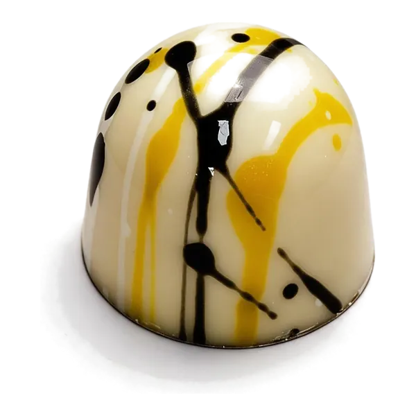 Yoghurt-mango: witte ronde bonbon met gele en donkere chocoladestrepen