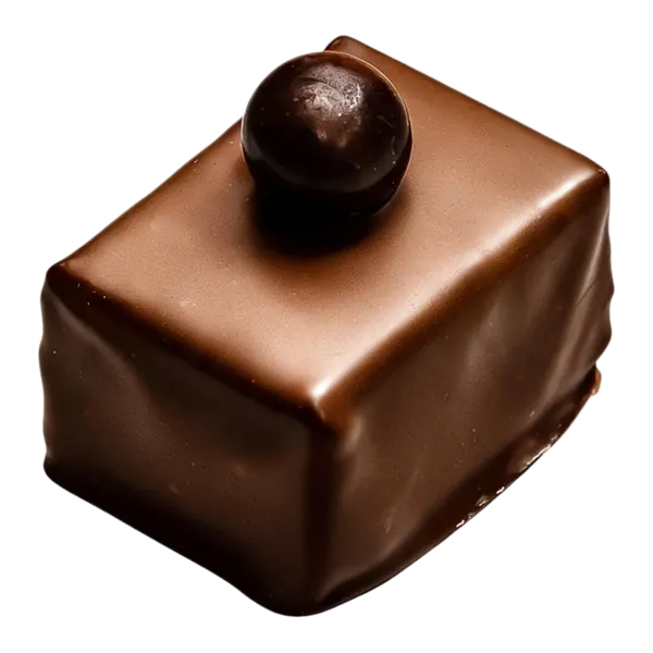 Amaretto: vierkante melkchocolade bonbon met een klein bolletje bovenop