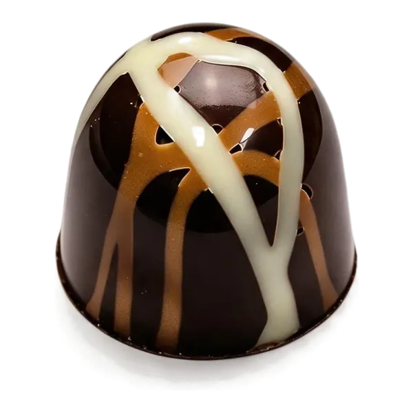 Karamel: donkere ronde bonbon met gekruiste witte chocoladestrepen