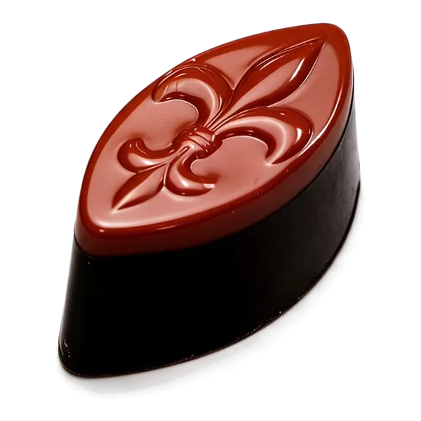 Cointreau: ovale bonbon met rood reliëf op donkere chocolade