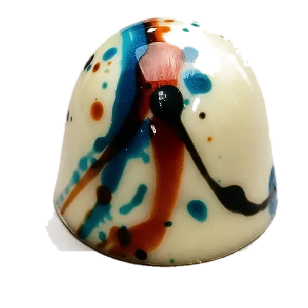 Framboos-karamel: witte ronde bonbon met blauwe en rode chocoladestrepen