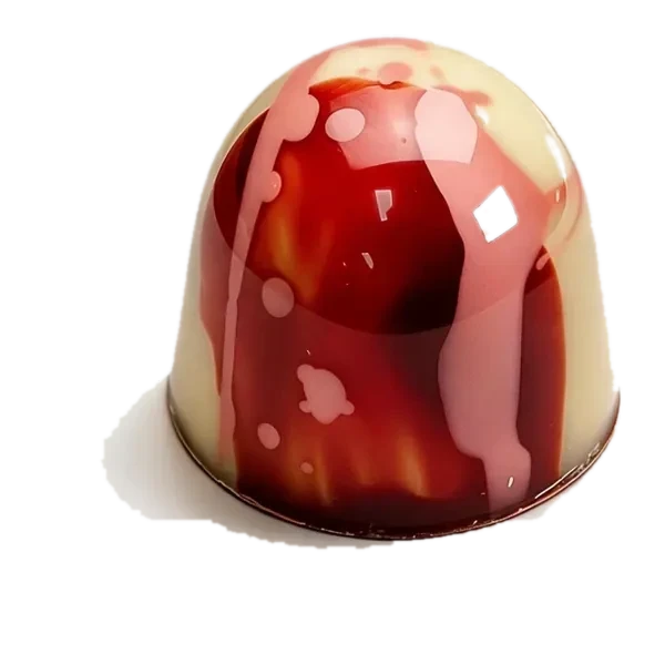 Cheesecake-aardbei: witte ronde bonbon met rode chocoladeslierten